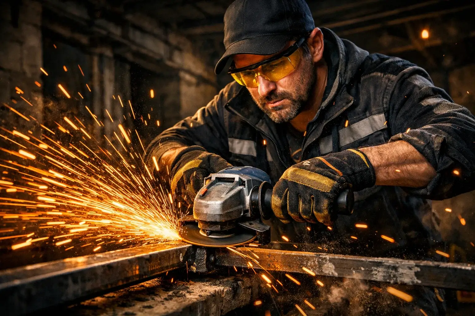 cutting metal with angle grinder sparks construction