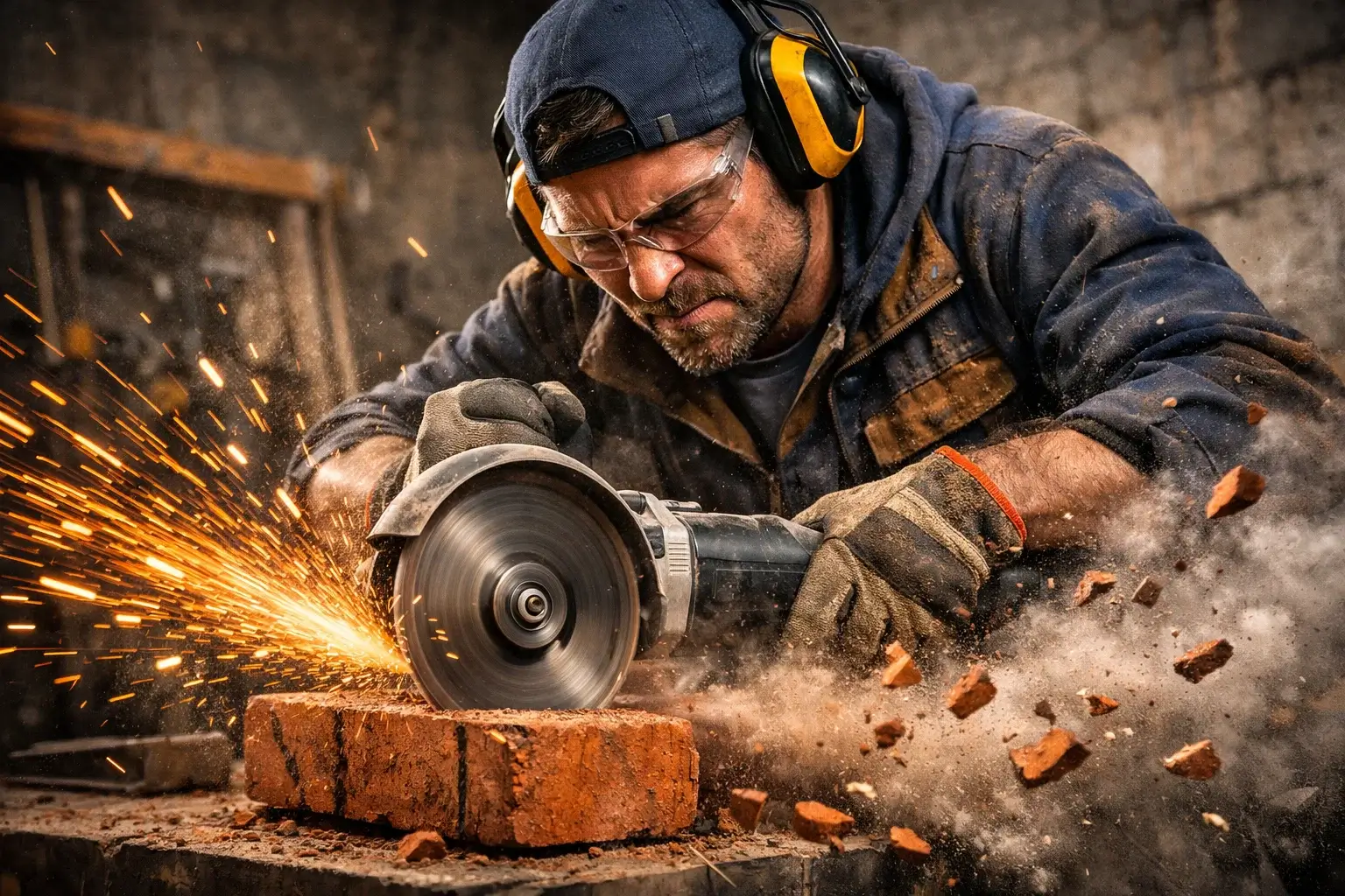 cutting brick with dust and fragments