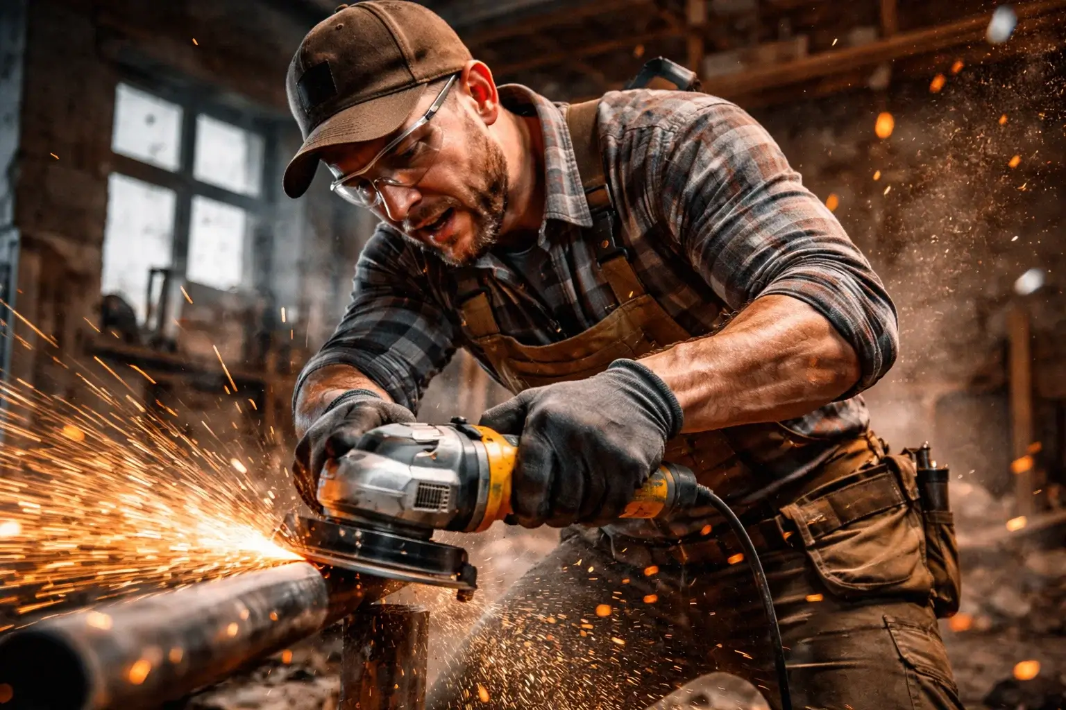 focused construction worker using tool intense