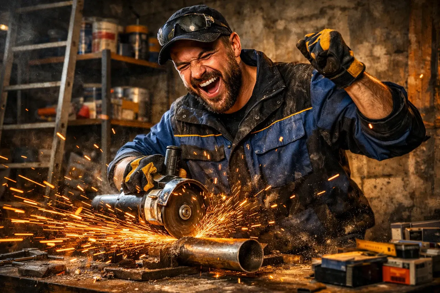 happy worker with sparks after successful work