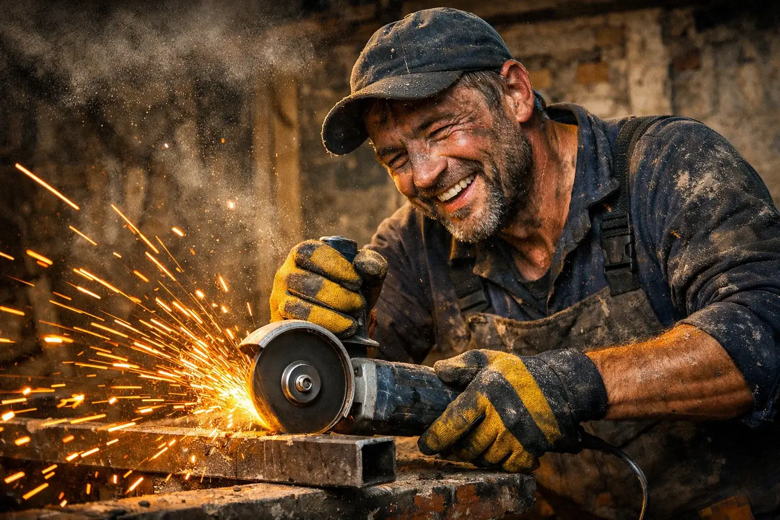 tired construction worker after work dust face