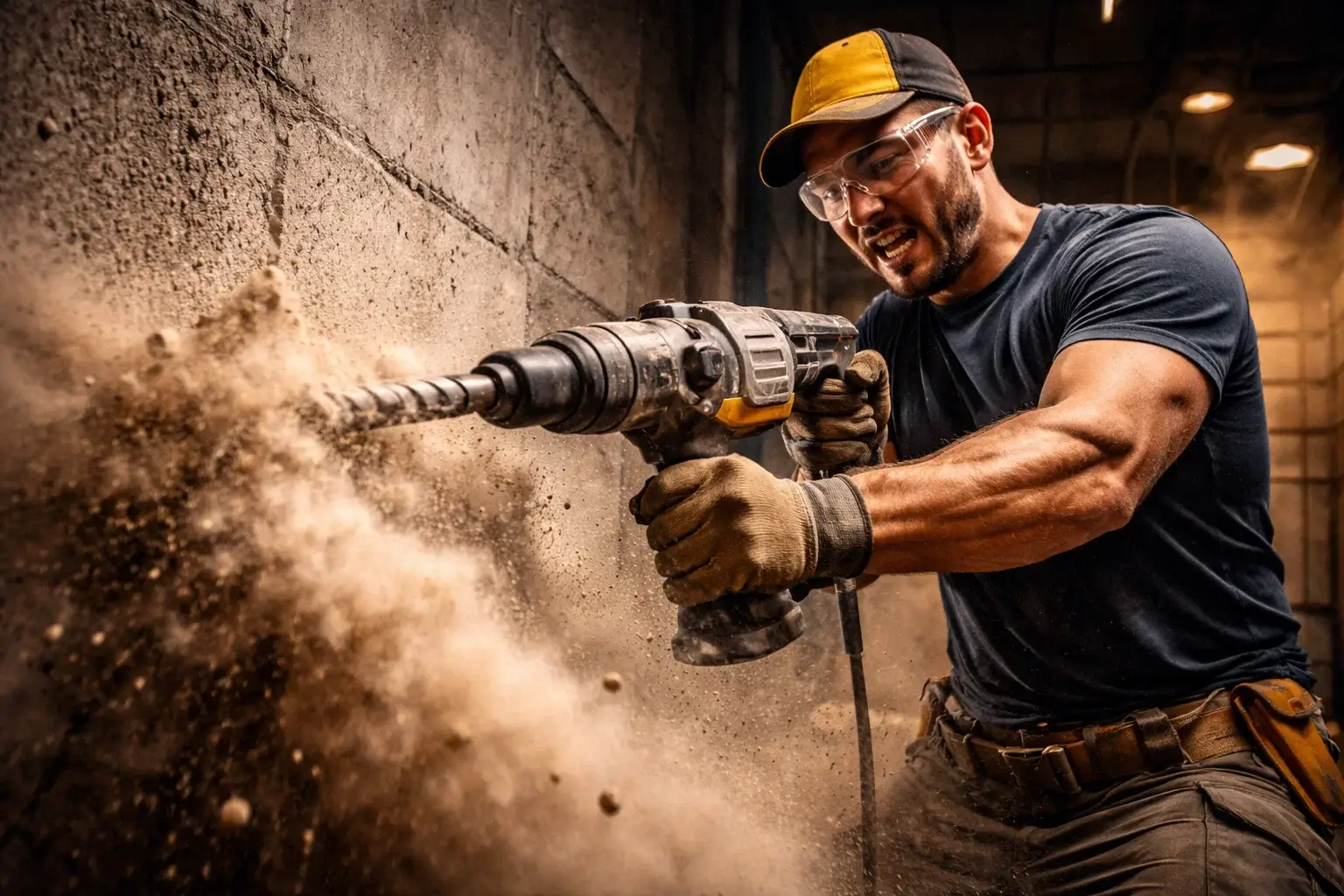 drilling concrete wall with hammer drill dust