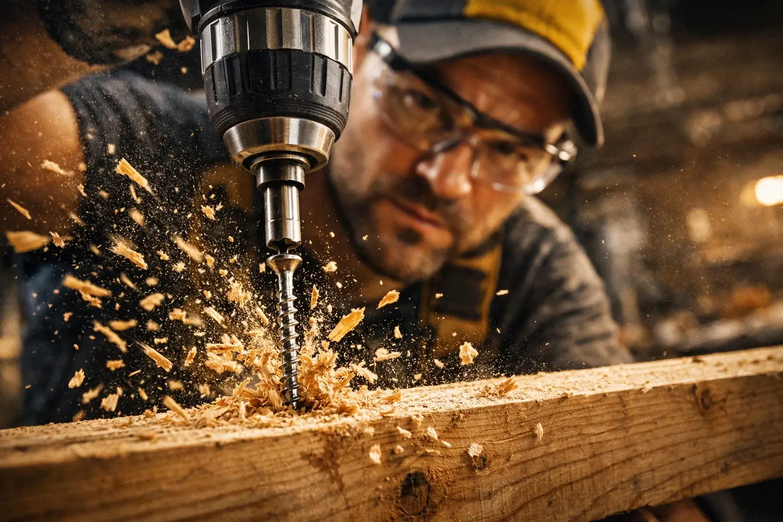 driving screw into wood with drill shavings