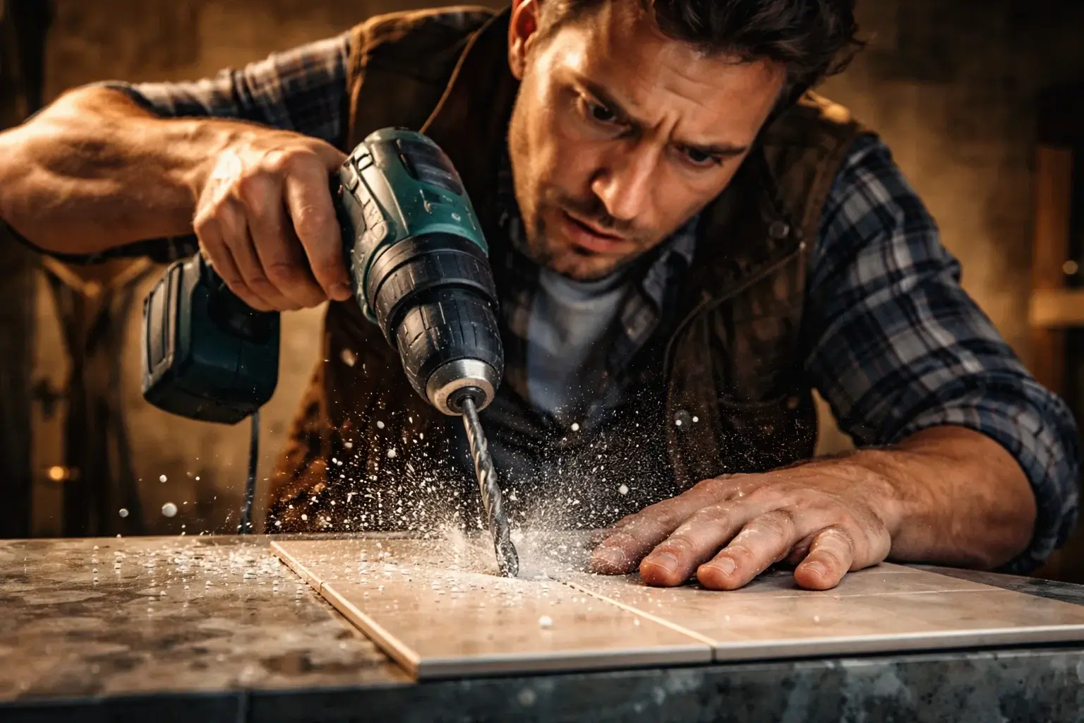 drilling ceramic tile with drill dust particles