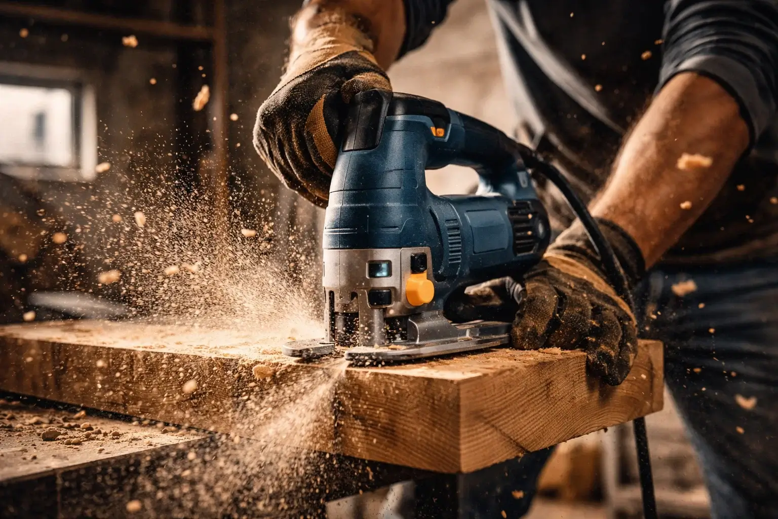 cutting wood with jigsaw sawdust flying