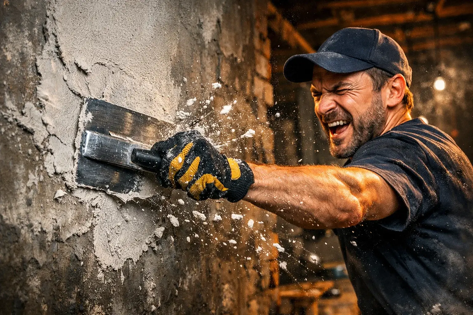 applying plaster on wall with spatula action