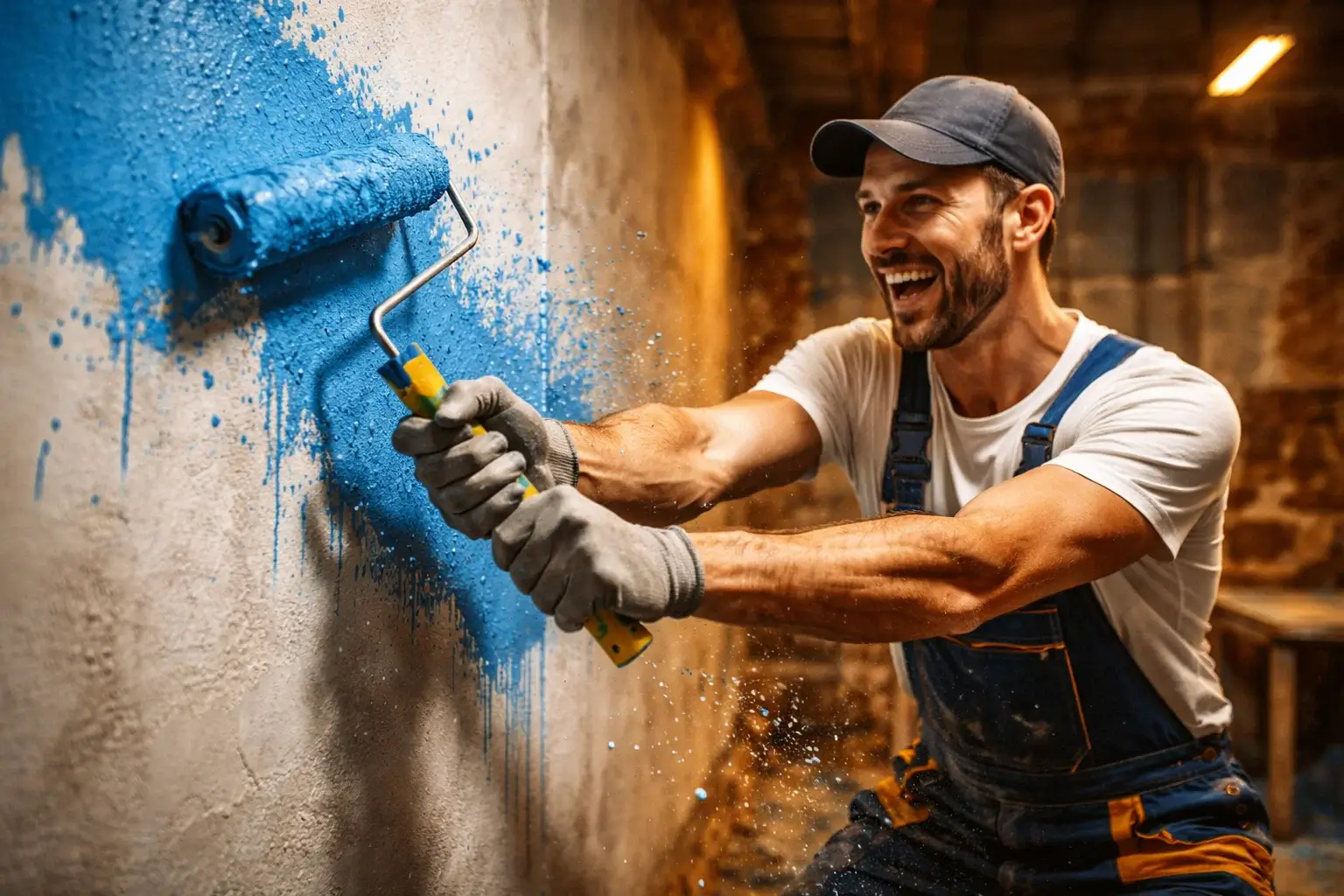 painting wall with roller paint splashes