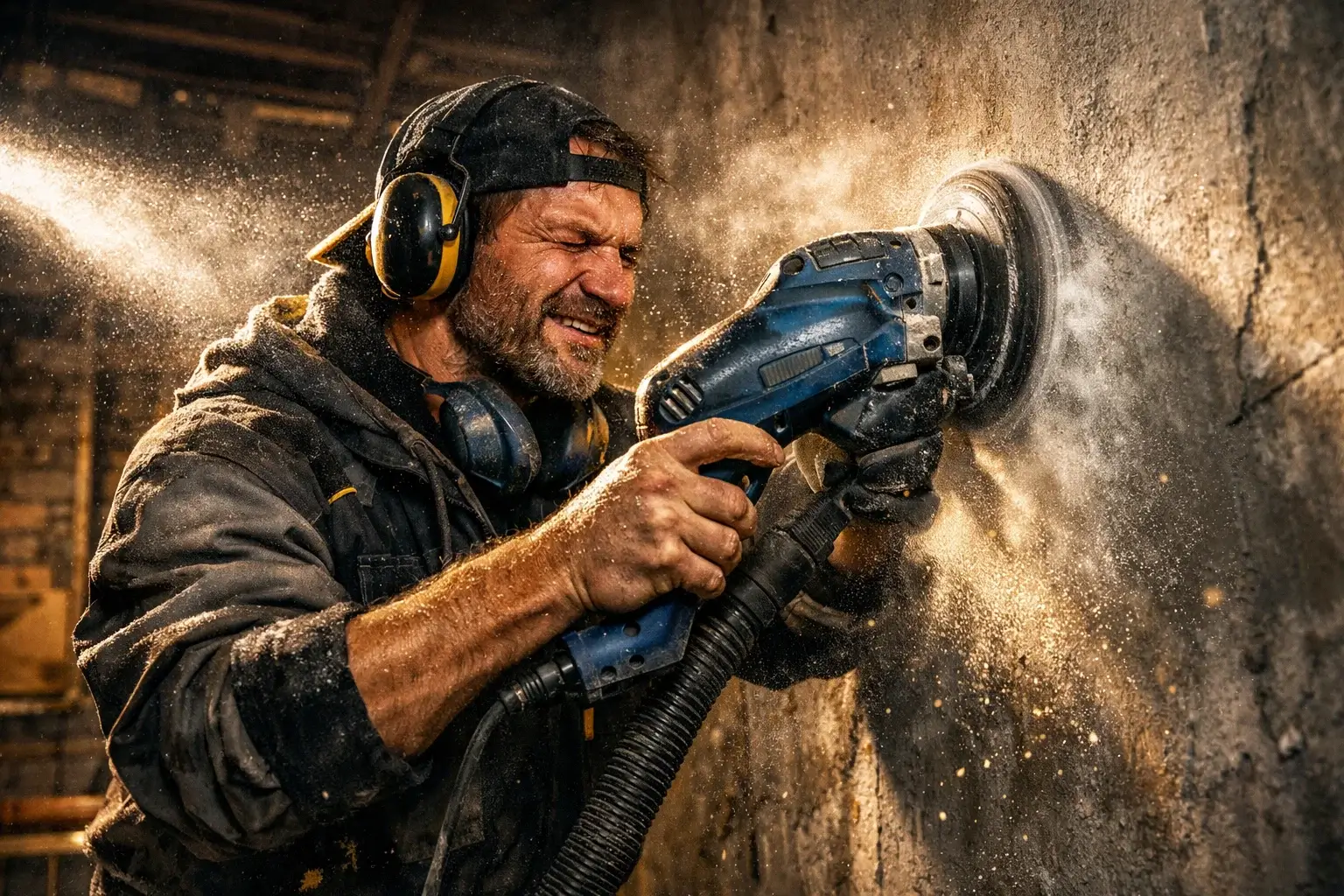 sanding wall with grinder dust in air